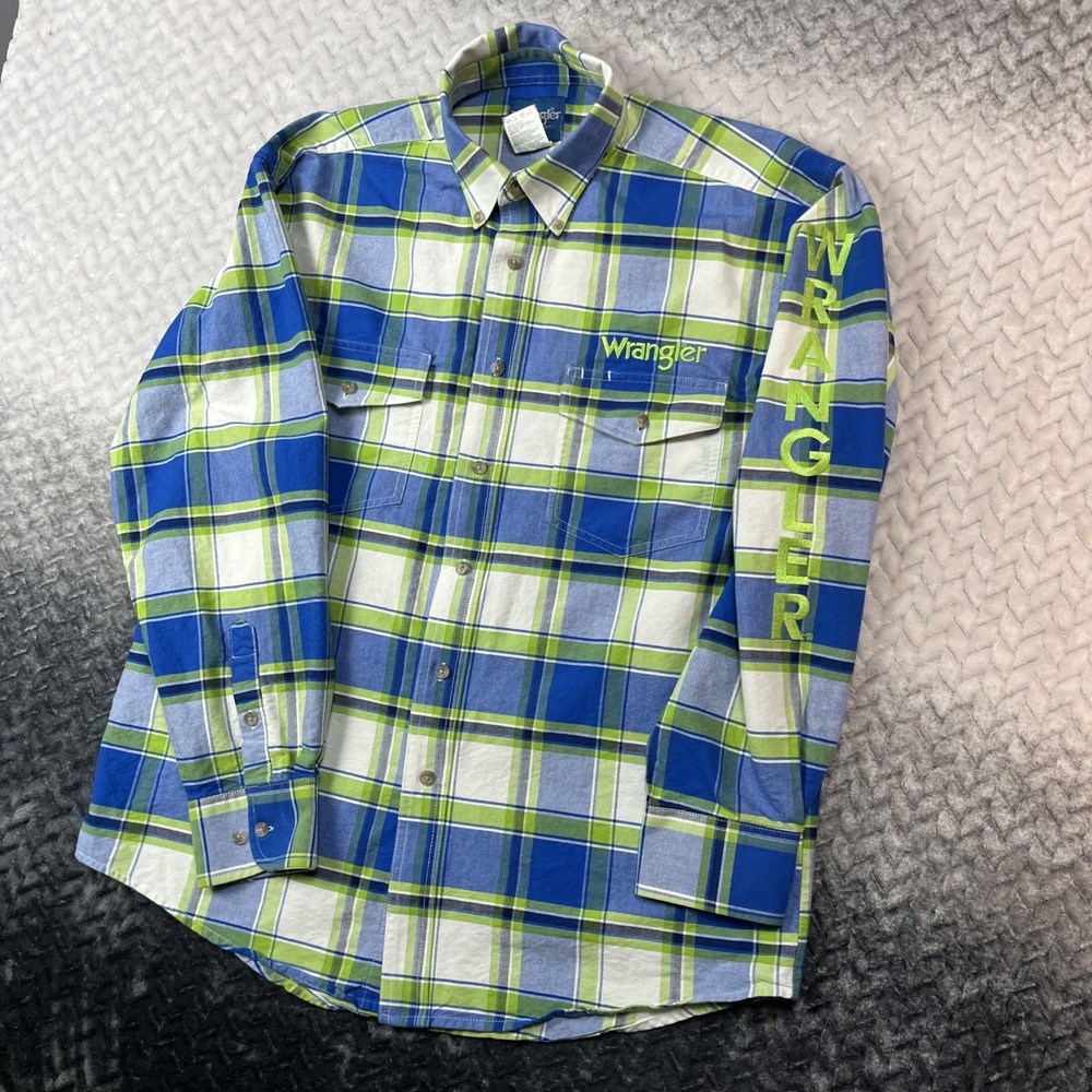 Wrangler Shirt Mens L Blue Plaid Flannel Western WRANGLER LOGO ON SLEEVE